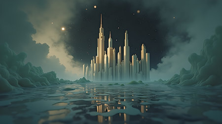 A futuristic cityscape rises from a misty landscape, mirrored in calm waters under a starry sky. The dreamy clouds add an ethereal quality.の素材