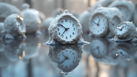 A surreal image featuring melting clocks floating in water, reflecting the distortion and fluidity of time. This evocative scene captures the ephemeral nature of existence.の素材