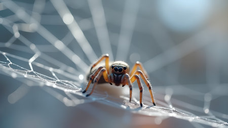 A macro shot captures a jumping spider poised on its delicate web. The intricate details of both the spider and the web are highlighted against a blurred, bright background.の素材