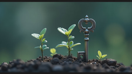 A powerful image symbolizing growth, potential, and unlocking opportunities. Seedlings sprout alongside a vintage key, representing new beginnings and innovative solutions.の素材