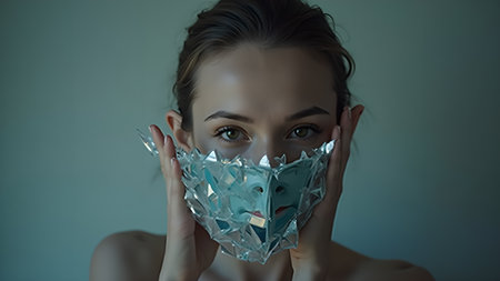 A stylish young woman holding a transparent spiky mask that covers half her face, creating a futuristic fashion statement against a turquoise backdrop.の素材
