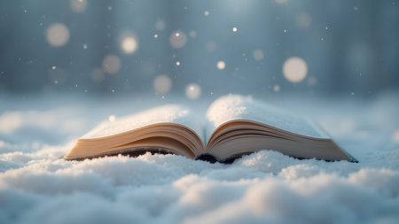 Open book covered in snow during winter, suggesting a magical tale or a cold day for reading. The soft light and bokeh create a serene atmosphere.の素材