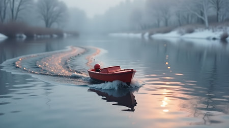 A red toy boat sails on a tranquil lake in winter. The water reflects the soft light, creating a peaceful and serene atmosphere with snow-covered trees in the background.の素材