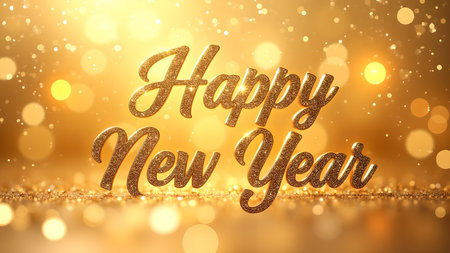 A sparkling 'Happy New Year' greeting with a golden glitter effect and a bokeh lights background, creating a festive and celebratory atmosphere.の素材