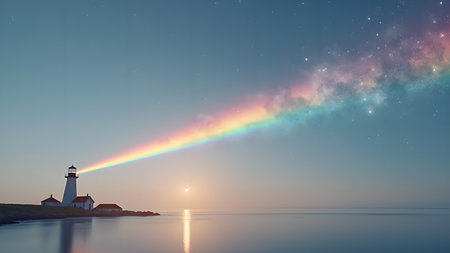 A lighthouse emits a stunning rainbow-colored light beam, stretching into the night sky, creating a magical and ethereal scene, symbolizing hope and guidance over the tranquil ocean.の素材