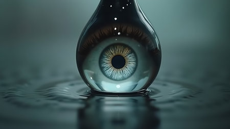 A captivating close-up of a human eye contained within a water droplet. The image explores themes of vision, clarity, and the delicate balance of nature and technology, blending organic and inorganic elements.の素材