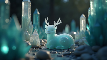 A whimsical crystal deer rests amongst glittering crystal formations, evoking a sense of winter magic. This scene is ideal for fantasy or holiday themed projects.の素材