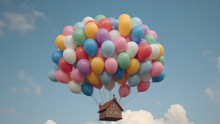 A charming miniature house floats gently through the sky, buoyed by a vibrant cluster of colorful balloons, symbolizing dreams, freedom, and the joy of adventure.の素材