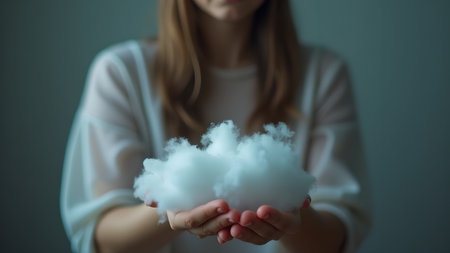 A woman gently holds a cloud of cotton wool, symbolizing dreams, imagination, and a peaceful state of mind. The soft, ethereal quality evokes feelings of tranquility and hope.の素材