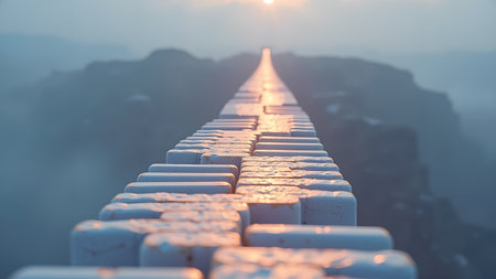 Great Wall of China during sunrise with golden light shining on the wall, creating a peaceful scenic landscape travel view across the mountains in the distance.の素材