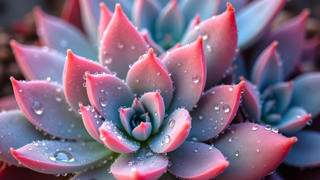 Close-up of a beautiful succulent plant covered in dewdrops, showcases nature's beauty and freshness. The vibrant pink and blue hues create a calming aesthetic.の素材