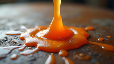 Close-up shot of golden caramel sauce pouring and spreading across a textured surface, creating a mouthwatering and visually appealing dessert treat.の素材