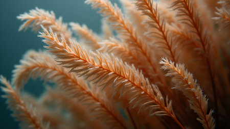 A close-up shot showcases delicate wheat stalks against a teal background, creating a serene atmosphere. The image captures the beauty of nature and the gentle movement of the breeze.の素材