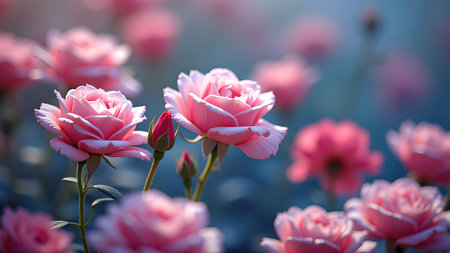 A dreamy floral scene featuring pink roses in full bloom, set against a soft, bokeh background. The image evokes a sense of romance and natural beauty.の素材