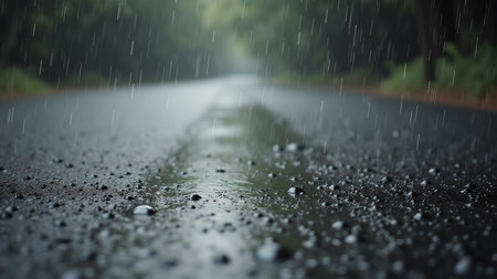 A close-up captures a rain-soaked road, reflecting the somber beauty of the wet asphalt and the surrounding greenery. It evokes a sense of tranquility and peace in nature.の素材