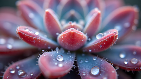 A mesmerizing close-up of a succulent, adorned with glistening dew drops. This macro shot highlights the intricate details and refreshing beauty of nature.の素材