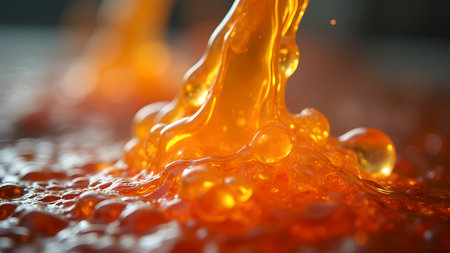 Close-up of a thick, viscous, golden amber liquid pouring and creating a bubbly surface, ideal for food or beverage visuals.の素材