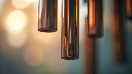 A close-up captures the essence of wind chimes, with copper tubes hanging gracefully against a blurred backdrop of soft light. The image evokes a sense of calm and tranquility.の素材