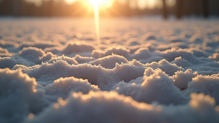 A tranquil winter scene depicts golden sunlight gently reflecting off the fresh, untouched snow. This creates a peaceful and bright landscape during the golden hour.の素材