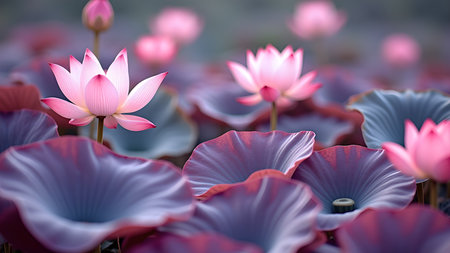 A serene close-up captures vibrant pink lotus flowers blooming amidst lush green leaves, evoking peace and natural beauty.の素材