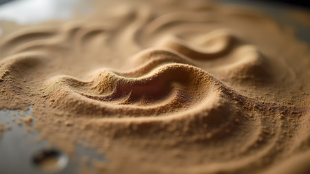 Close-up of golden sand dunes with a rippled texture, illuminated by soft light, creating a sense of tranquility. The detailed patterns evoke a natural, minimalist beauty.の素材