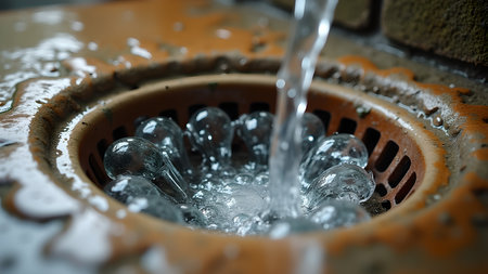 Water flowing into a drain filled with ice cubes in a close-up shot. The image highlights the purity and refreshing quality of water, alongside domestic maintenance.の素材