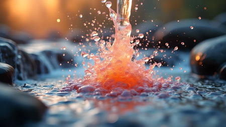 Close-up of water splashing over rocks, creating an abstract and dynamic scene. The illuminated background and soft reflections enhance the natural beauty.の素材