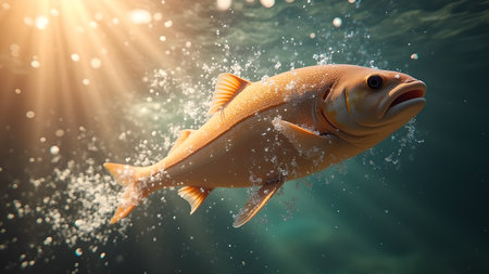 A golden fish swims underwater, its scales shimmering in the sunlight. Bubbles surround it as it navigates through the clear blue water in its natural habitat.の素材
