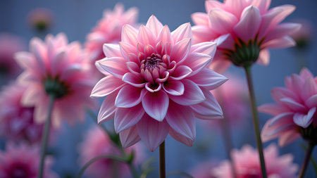 Close-up of beautiful pink dahlia flowers blooming in a garden with soft light and a dreamy bokeh effect. The image captures the beauty and elegance of nature.の素材