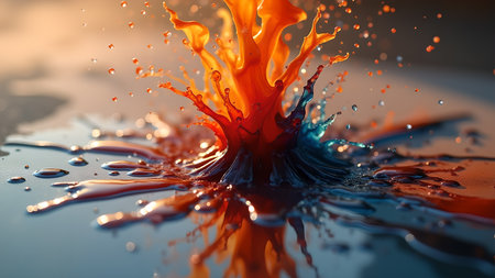 Dynamic splash of vibrant colors, orange and blue, showcasing a liquid collision, creating an art abstract background with high-speed capture photography.の素材