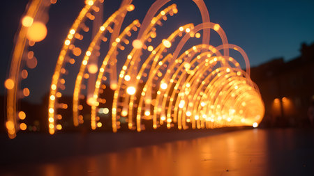 Captivating image showcasing a mesmerizing tunnel of warm, golden lights illuminating the night. The bokeh effect and perspective create a dreamy, abstract atmosphere perfect for festive themesの素材