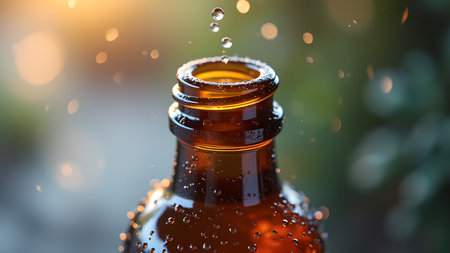 A close-up view of water drops falling from a chilled brown bottle, creating a sense of freshness and refreshment. Perfect for summer thirst quenchers and cool beverage.の素材