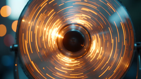 Abstract image showcasing circular motion of light trails with mesmerizing effects against a dark backdrop creating a sense of speed and dynamic energy, perfect for representing technology and innovation.の素材