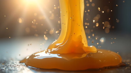 The image shows honey pouring down, creating beautiful splashes and streams. The golden liquid appears viscous and delicious, reflecting light in a mesmerizing way.の素材