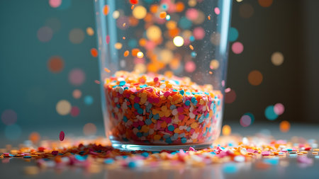 A glass filled with vibrant confetti creates a festive and celebratory atmosphere. Perfect for birthdays, parties, or any special occasion. The bokeh adds a magical touch.の素材