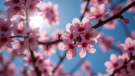 A captivating close-up reveals the delicate beauty of cherry blossoms in full bloom during springtime. The pink petals are bathed in soft sunlight, creating a vibrant and romantic scene.の素材
