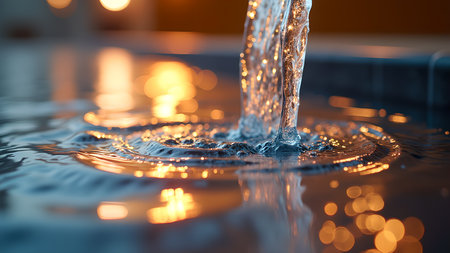 Experience the allure of liquid gold as it gracefully cascades, creating captivating patterns on the water's surface. The image shows a dynamic interplay of light, reflection, and motion.の素材