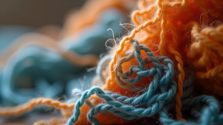Close-up shot captures the intricate detail of intertwined blue and orange yarn threads, showcasing the beauty of textures and vibrant colors in the world of crafts.の素材