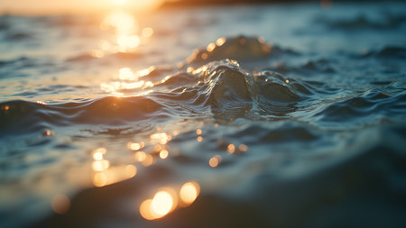 Golden sunlight reflects on gentle water ripples, creating a calming, natural scene. The clear blue water offers a peaceful, serene escape.の素材