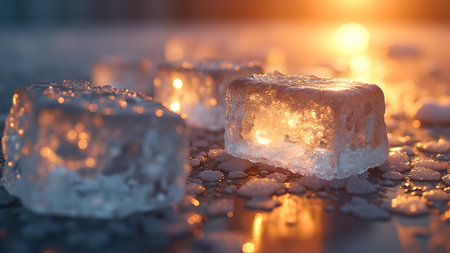 The image captures melting ice cubes reflecting sunset light, creating a stunning visual contrast between the warm light and cold ice.の素材