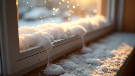 A cozy winter scene features a snow-covered windowsill with sunlight streaming in. The melting snow creates delicate icicles, and the bokeh adds a touch of magic.の素材
