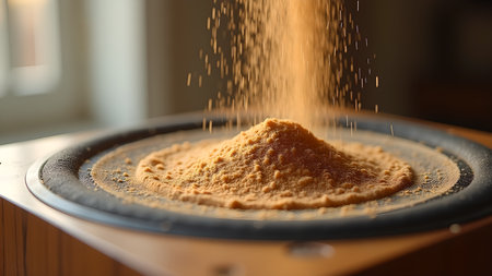 A demonstration of sound waves and their impact on granular material. Frequency analysis is visualized through the motion of the particles on the speaker.の素材