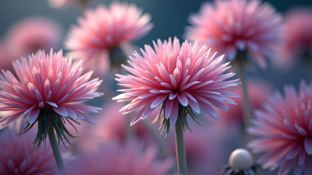 A close-up captures the delicate beauty of pink dahlia flowers, their petals softly illuminated against a blurred background creating a serene and captivating floral scene.の素材
