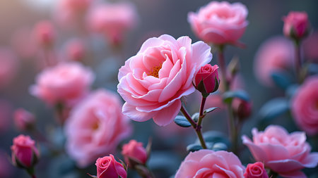 A beautiful close-up of blooming pink roses with a soft, dreamy background, evoking feelings of romance and serenity. Perfect for Valentine's Day or any occasion celebrating love and beauty.の素材