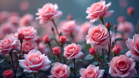 Beautiful photograph of pink roses in full bloom. The soft colors and delicate petals create a romantic and soothing image. Perfect for backgrounds, cards, and celebrations.の素材