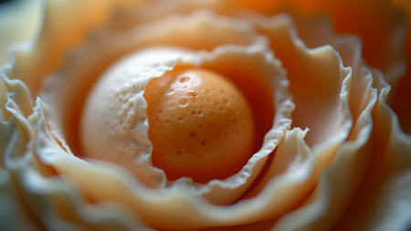 This close-up photograph captures the intricate details of a peach-colored flower. The soft petals and dewy center create a beautiful and serene image.の素材