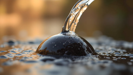A close-up shot captures clear water cascading over a dark, smooth stone, creating ripples and bubbles, symbolizing purity and refreshment.の素材