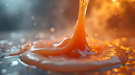 The image shows a golden liquid pouring, creating a glossy surface with beautiful light and a dark background, an artistic vision.の素材