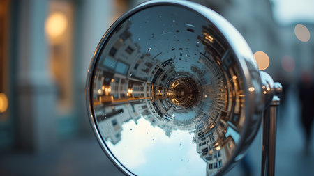 Captivating image featuring a shiny metal reflecting urban buildings and streets. The distorted reflection creates a surreal, artistic perspective.の素材