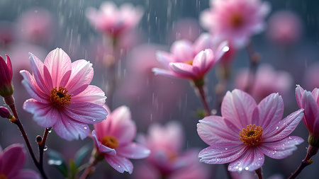 A close-up of beautiful pink dahlia flowers covered in raindrops, capturing the delicate beauty and freshness of nature. The soft, vibrant colors create a serene and romantic atmosphere.の素材